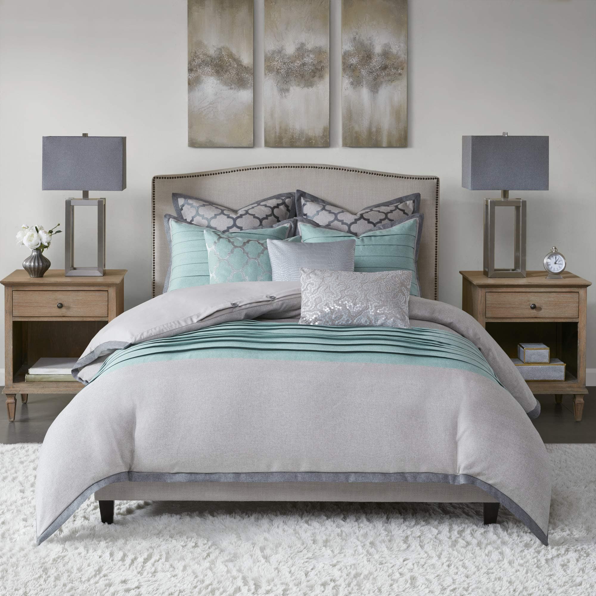 Hampton Hill Tranquility Queen Size Bed Comforter Set Bed in A Bag - Teal Grey, Pieced – 8 Pieces Bedding Sets – Ultra Soft Microfiber Bedroom Comforters, Grey/Blue, Queen(92"x96")