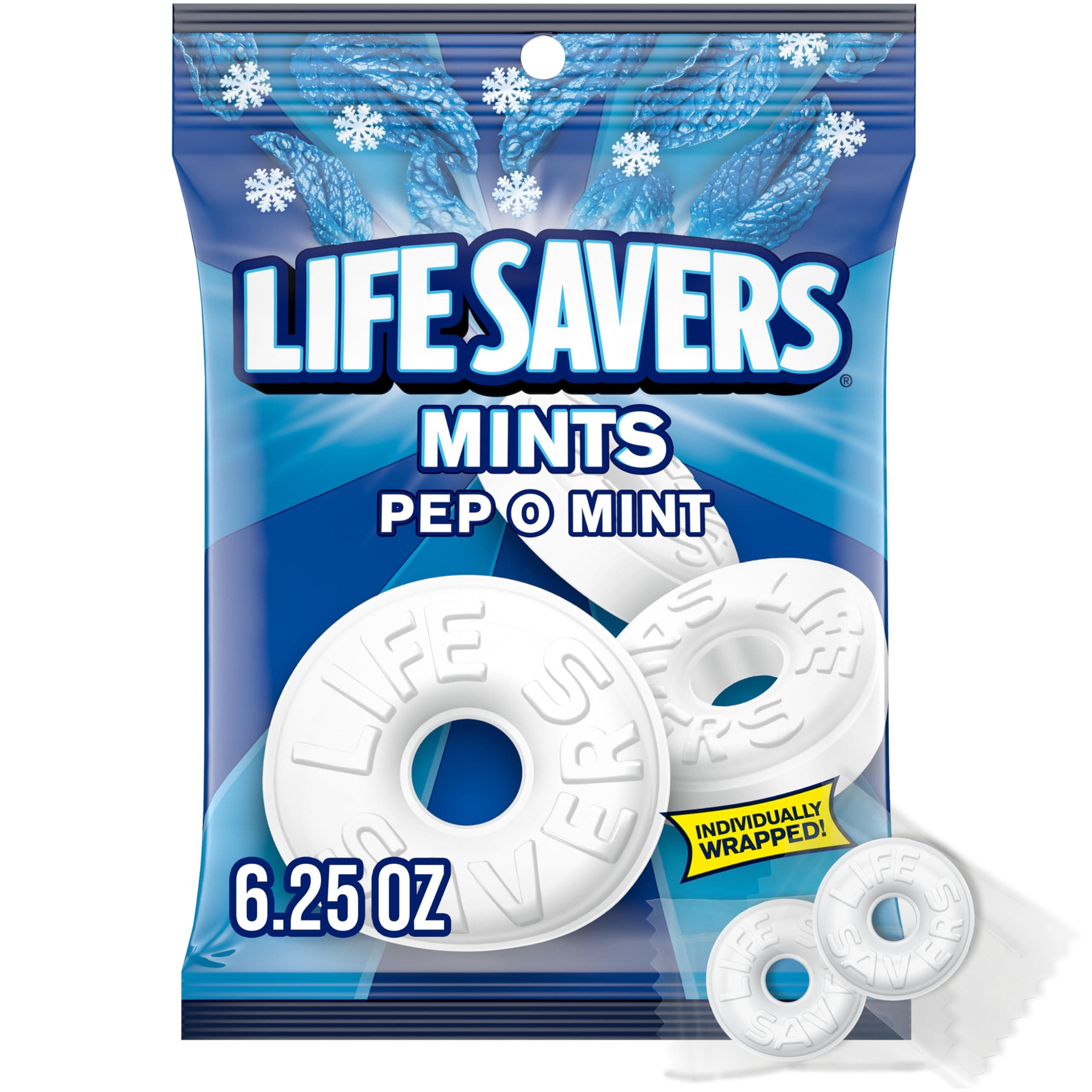 LIFE SAVERS Pep O Mint, Individually Wrapped Mints for Snacking, Sharing, Office Parties, and Pantry Stocking, 6.25 oz (12 Hard Candy Bags)