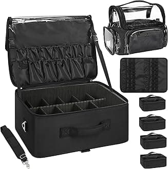 RelavelExtra Large Makeup Case Professional Cosmetic Storage Organizer Box Brush Holder with 4 Clear Set Bags & Lipstick Plate for Makeup Artists, Black with Brush Case, XL, Extra Large Makeup Case