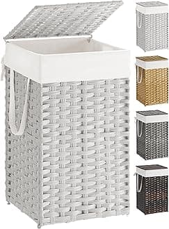 SONGMICS Laundry Hamper with Lid, Handwoven Polyrattan, Foldable, with Handles and Removable Liner Bag, White ULCB165W01