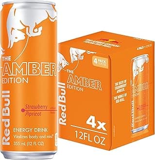 Red Bull Amber Edition Energy Drink, Strawberry Apricot, with 114mg Caffeine plus Taurine & B Vitamins, 12 fl oz, Pack of 4 Cans