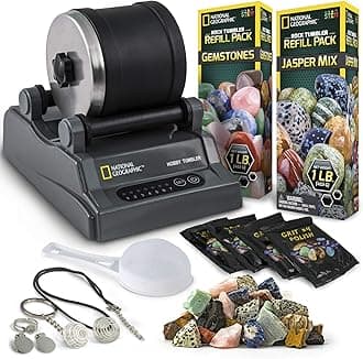 National Geographic Hobby Rock Tumbler Kit - Rock Polisher for Kids & Adults, Noise-Reduced Barrel, Grit, 2.5 Pounds Raw Gemstone & Jasper Mix, Great STEM Hobby Kit