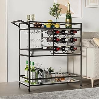 Bar Cart with Wheels Mobile Serving Cart with Wine Rack and Glass Holder,3-Tier Drink Rolling Coffee Wine Cart with Large Storage Space for Kitchen,Living Room, Party (Black)