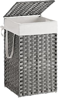 SONGMICSLaundry Hamper with Lid, Handwoven Polyrattan, Foldable, with Handles and Removable Liner Bag, Gray