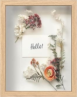 FrameWorks 11” x 14” Natural Oak Wooden Shadow Box Frame – Display Case with Soft Felt Back, Memory Box with Tempered Glass, Display Box with Elegant White Ball Push Pins, Wooden Flower Box