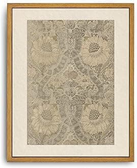 Roslynity Framed Canvas Wall Art Vintage Print Paintings Neutral Tapestry Textile Antique Peonies Leaves Pattern Silk Silver Brocade Retro for Home Living Room Bathroom Wall Decor (8"x10")