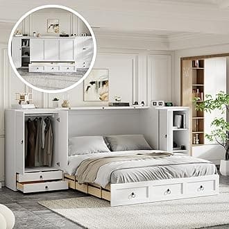 Versatile Queen Size Murphy Bed with Little Wardrobes and Drawers, Solid Wood Cube Cabinet Convertible Bed with USB Ports for Bedrooms, Guest Room, Office (White-9.12)