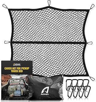 AUTOWN Cargo Net for Pickup Truck Bed - Stretchable 4'x4' to 7'x7', High Elastic Fine Mesh 1''x1'' with 8 Metal Carabiners - Ideal for ATV, SUV, UTV, Truck and Boat Use (Single Layer)