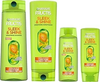 - Garnier Fructis Sleek & Shine Full + Travel Size Shampoo (12.5 & 3 Fl Oz) + Conditioner (12 & 3 Fl Oz) Set for Frizzy, Dry Hair, Plant Keratin + Argan Oil (4 Items), 1 Kit (Packaging May Vary)