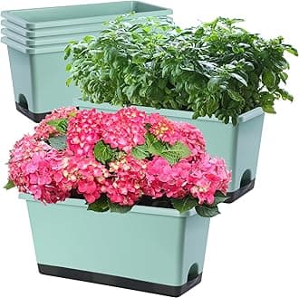 Window Box Planter 6 Pcs, 17 Inches Rectangle Flower Pots with Drainage Holes and Trays, Vegetable Planters for Windowsill Patio Garden Balcony Home Porch Yard Indoor Outdoor (Green, 17*7.4*7.8 inch)