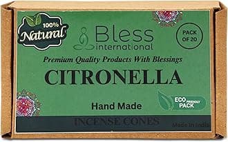 Bless International Citronella 100%-Natural-Incense-Cones Handmade-Hand-Dipped Organic-Chemicals-Free for-Purification-Relaxation-Positivity-Yoga-Meditation The-Best-scents (20 Count)