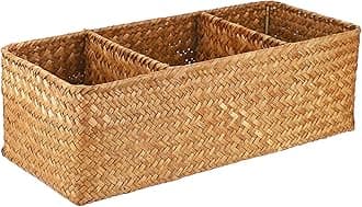 Hipiwe Seagrass Storage Basket with 3 Section, Hand-Woven Wicker Bathroom Storage Bin Tissue Toilet Paper Organizer Basket for Shelves, Kitchen, Bathroom (Caramel)