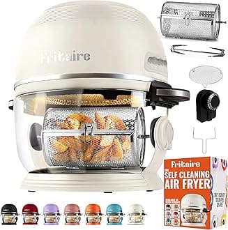 Fritaire Non-Toxic Air Fryer-Teflon & BPA-Free,4.7LGlass Bowl, 360 Visibility,Easy Self-Cleaning,Vortex for Even Cooking,with Rotisserie and French Tumbler,White