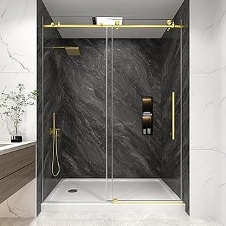 KPUY Frameless Shower Door, 49-54" W x 76" H Sliding Glass Shower Door, 1/4" (6mm) Thick Tempered Clear Glass with Explosion-Proof Film Nano Coating, Stainless Steel Hardware, Brushed Gold