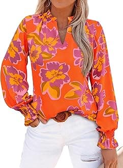 MASCOMODA Womens V Neck Floral Long Sleeve Tops 2026 Summer Casual Loose Puff Sleeve Chiffon Boho Work Blouse Dressy T Shirts