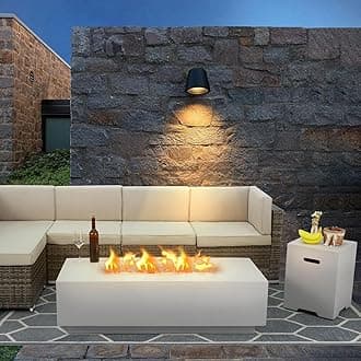 ECOTOUGE 2-Piece Propane Fire Pit Table, 50,000 BTU Rectangle Concrete Fire Table with Shelves, Patio Fire Pits with Auto-Ignition, Free Lava Rocks, Fits 20lb Tank, White