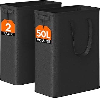 Lifewit 50L 2 Pack Slim Laundry Hamper, Narrow Laundry Basket with Handles, Collapsible Thin Dirty Clothes Hampers for Laundry, Foldable Laundry Bin for Bathroom Dorm Bedroom, Black