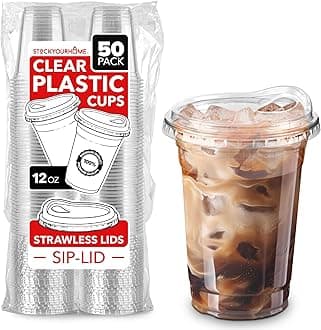 12 oz Clear Plastic Cups with Lids Disposable, Togo Drinking Cup with Strawless Sip Lid for Smoothie, Cold Brew Iced Coffee, Lemonade, Ice Latte, Boba, Party Drinks, Bulk, 24 Ounce (Set of 50)