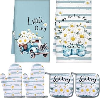 Bencailor 6 Pcs Spring Kitchen Decor Sunflower Pot Holders and Oven Mitts Sets Yellow Kitchen Towel 2 Farmhouse Cooking Mittens for Cooking Grilling Supply Accessories(Blue, White,Daisy)