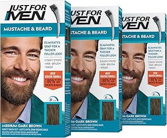 Just For Men Mustache & Beard, Beard Dye for Men with Brush Included for Easy Application, With Biotin Aloe and Coconut Oil for Healthy Facial Hair - Medium-Dark Brown, M-40, Pack of 3