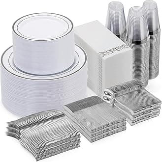 Goodluck 700 Pieces Silver Dinnerware Set for 100 Guests, Disposable Plastic Plates for Party, Include: 100 Dinner Plates, 100 Dessert Plates, 100 Paper Napkins, 100 Cups, 100 Silverware set