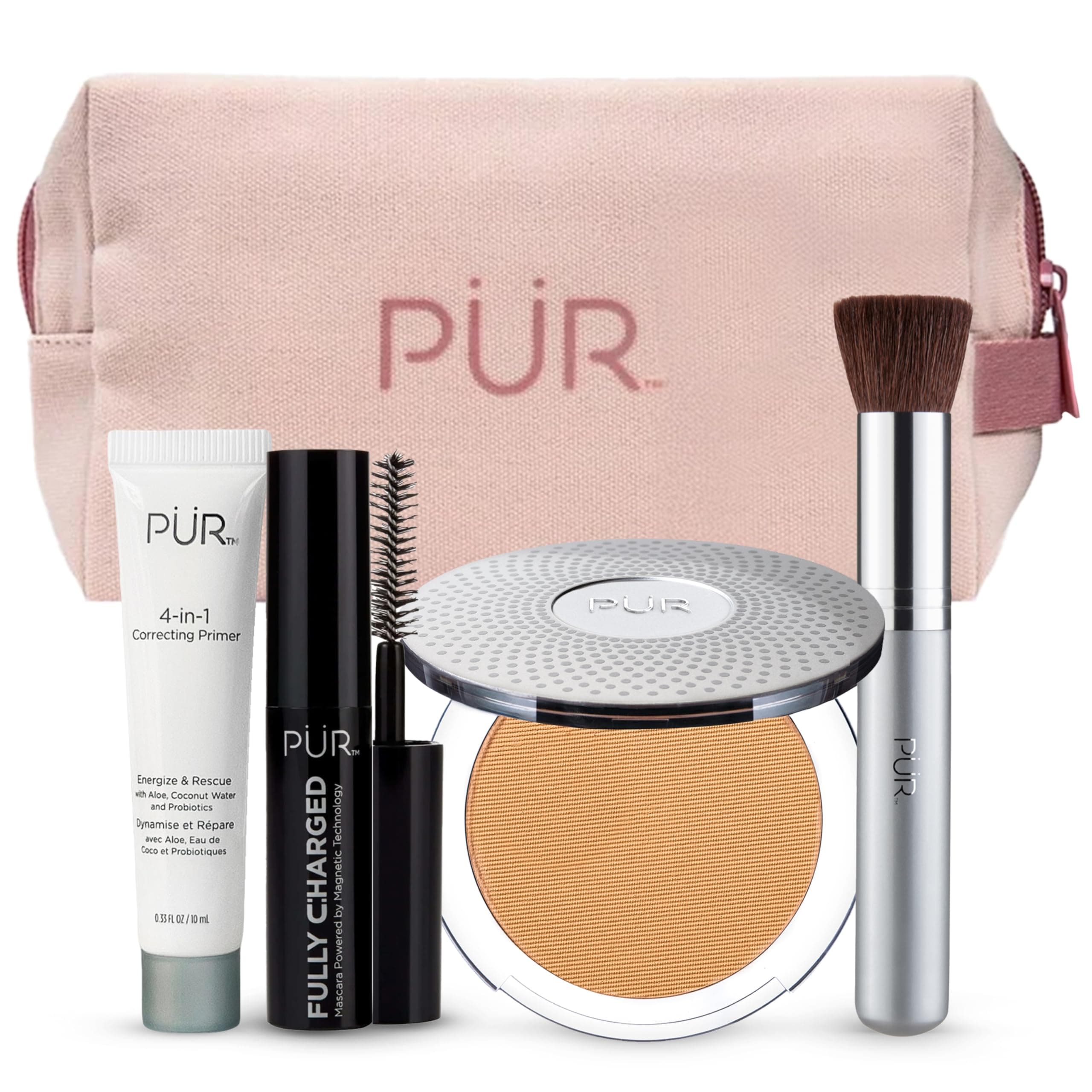 Multitasking Essentials Kit - Makeup Gift Set Includes 4-in-1 Correcting Primer, Fully Charged Mascara, 4-in-1 Pressed Mineral Powder & 1 Chisel Brush