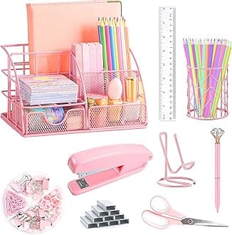 Pink Desk Organizers and Accessories Office Supplies Set Stapler, Pen Holder, Phone Holder, Scissors, Pen, Ruler, 30 Paper Clips, 22 Binder Clip, 20 Tacks and 1000pcs Staples