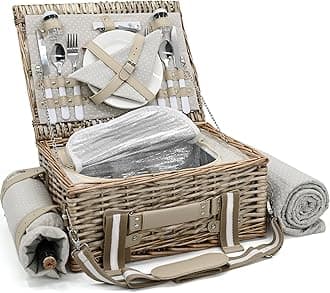 19Pcs Insulated Wicker Picnic Basket for 2 with Picnic Blanket Wine Bag, Picnic Set with Cooler and Full Tableware, Polka Dots