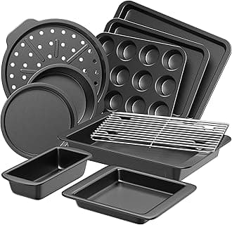Bakeware Sets, Baking Pans Set, Nonstick Oven Pan For Kitchen With Wider Grips, 10 Pieces Including Rack, Cookie Sheet, Cake Pans, Loaf Pan, Muffin Pizza - Grey