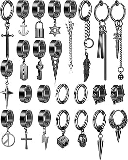 25 Pcs Clip on Earrings for Men Stainless Steel Cross Chain Dangle Earrings Black Fake Earrings for Men Women Non Pierced Huggie Hoop Earrings Set