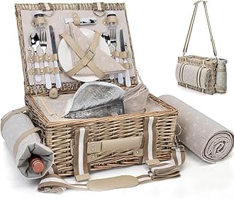 19Pcs Picnic Basket for 2 with Insulated Liner and Waterproof Picnic Blanket Wine Pouch, Large Wicker Picnic Hamper for Camping,Outdoor,Valentine Christmas for Couples