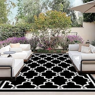 OutdoorLines Outdoor Reversible Rugs for Patio 4x6 ft - Outside Plastic Carpet, Stain & UV Resistant Portable RV Mat, Straw Rug for Camping, Backyard, Deck, Picnic, Porch Moroccan Black & White