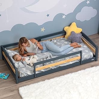 Ocodile Twin Floor Bed with Safety Guardrails for Kids, Montessori Inspired with Rails and 2 Openings, Twin Size Bed Frame for Girls and Boys - Gray