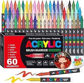 Amamao Acrylic Paint Markers, Soft Brush Tip Pens and Markers, Acrylic Paint Pens for Wood, Stone, Canvas, Glass, Fabric, Egg, Rock Painting and DIY Crafts Art Supplies (60)