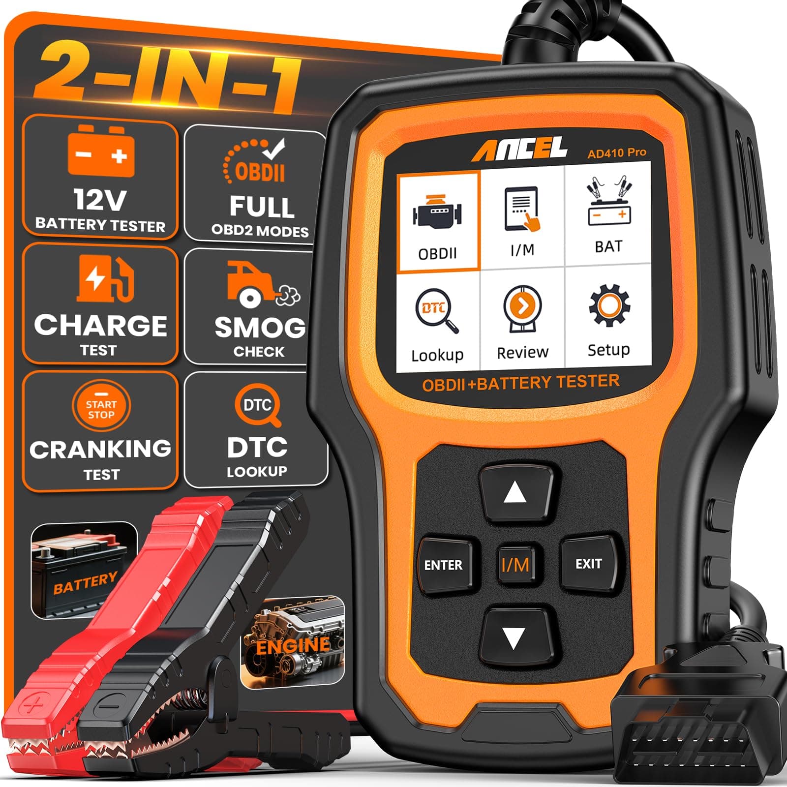 AD410PLUS OBD2 Code Reader & Car Battery Tester 2-in-1, Car Diagnostic Tool with Full OBD2 Function, 12V 100-2000CCA Battery Tests with Cranking & Charging Tests, Check Engine Light, EVAP Test
