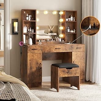 Vabches Makeup Vanity Desk with Lighted Mirror & Power Strip, Large Brown Vanity Table Set Rustic Farmhouse Style with Storage Stool, 3 Lighting Modes, Brightness Adjustable, 45.2in (W)