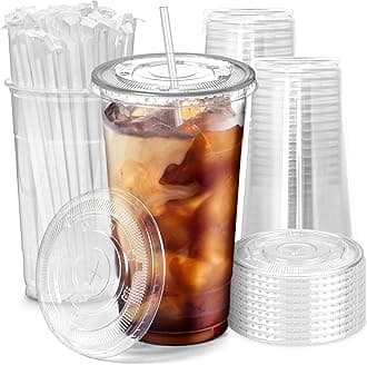 Fit Meal Prep 300 Pack 32 oz Plastic Iced Coffee Cups with Flat Lids and Clear Straws, Disposable Clear Cup, BPA Free Cup for Party, Smoothie, Cold Drinks, Juice, Milkshake, Bubble Boba, Tea