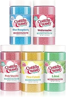 Cotton Candy Express Floss Sugar Variety Pack 5-11oz Plastic Jars of Lime, Watermelon, Pina Colada, Blue Raspberry, Pink Vanilla Flossing Sugars. Use with Cotton Candy Express countertop machine