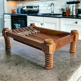 Ritwika's Premium Wooden Cot Shape Rectangular Serving Tray Solid Wood|Charpai/Khaat Style Tray For Tea, Coffee, Breakfast & Snaks|Size Lxwxh - 7.5 X 11.5 X 4 Inch, Set Of 1