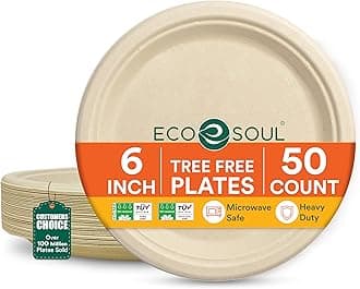 ECO SOUL Compostable Paper Plates 6 Inch, 100 Pack – Small Disposable Dessert Plates, Heavy Duty, Natural Bagasse, Leak Resistant, Microwave Safe, Eco-Friendly Round Appetizer Plates for Party & BBQ