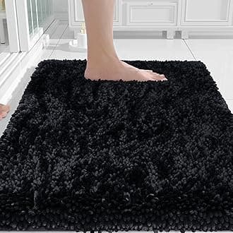 Yimobra Luxury Chenille Bath Rug, Extra Soft and Absorbent Shaggy Bathroom Mat, Machine Washable, Non-Slip Plush Rugs Carpet for Tub, Shower, and Bath Room, 24 x 17 Inches, Black