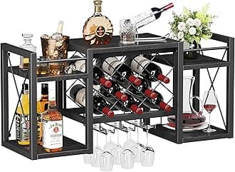 Wall Mounted Wine Rack with Glass Holder, Wood-Metal Retro Bar Shelf, Wine Bottles Display Wall Storage for Kitchen Dining Room Home Bar, Black