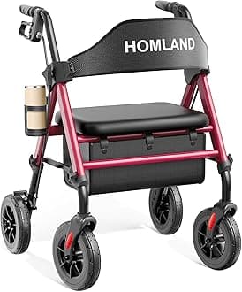 HOMLAND Walkers for Seniors with Seat, Foldable Rollator Walker, Reinforced Aluminum Frame, 8" Big Rubber Wheels for All Terrain, Height Adjustable Lightweight Rolling Walker