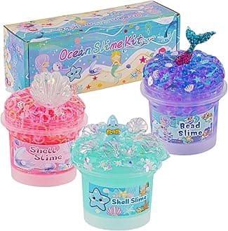 3 x 100mL Ocean Slime Kit for Girls & Boys: Fishbowl Bead, Perl Rings & Clear Slime, Sensory Experience DIY Slimes Set, Slimes Party Favors for Kids Birthday Easter