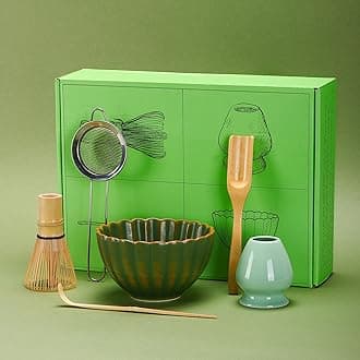 Matcha Tea Set 6 Pcs, Japanese Traditional Bowl, Bamboo Whisk (Chasen), Scoop (Chashaku), Stainless Steel Sifter, Holder (green)