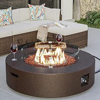 COSIEST 42 inch Outdoor Propane Fire Pit Coffee Table w Concrete Round Base Patio Heater, Certified, 50,000 BTU Stainless Steel Burner, Free Lava Rocks, Wind Guard, Rain Cover
