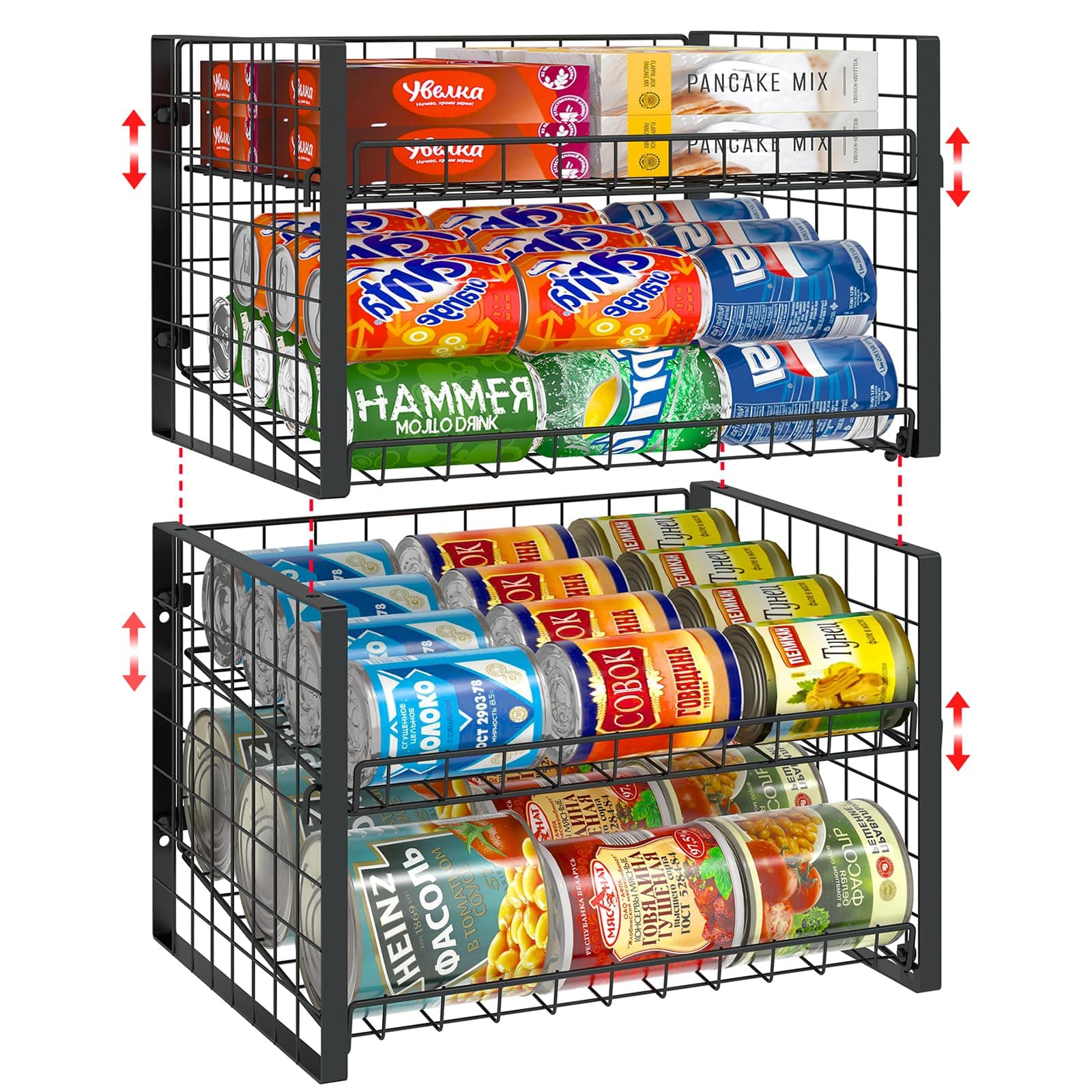 JKsmart 2-Tier Stackable Can Rack Organizer for Pantry, Adjustable Can Dispenser Holds Up to 60 Cans, Can Storage Holder for Various Ounces of Canned Food Soda Drinks, Black, 2 Pack