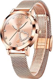 Women's Small Wrist Rose Gold Tone Watch - Cute Diamond Heart Arabic Numerals Dial, Fashion Waterproof Mesh Bracelet Analog Dress for Ladies