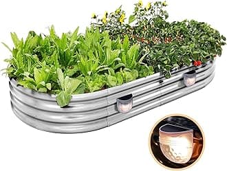 Land Guard Galvanized Raised Garden Beds Outdoor with 2 Magnetic Solar-Powered Lights(Grey), Metal Planter Raised Beds, 4×2×1Ft Metal Raised Garden Beds for Gardening, Vegetables, Flowers