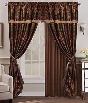Chezmoi CollectionAmelia 4-Piece Multicolor Floral Jacquard Patchwork Curtain/Drape Set Sheer Backing, Tassels, Valance